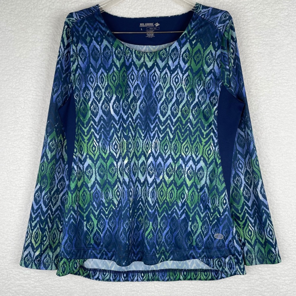 Reel Legends Reel-Tec Womens Large Blue Green Ikat Performance Long Sleeve Top